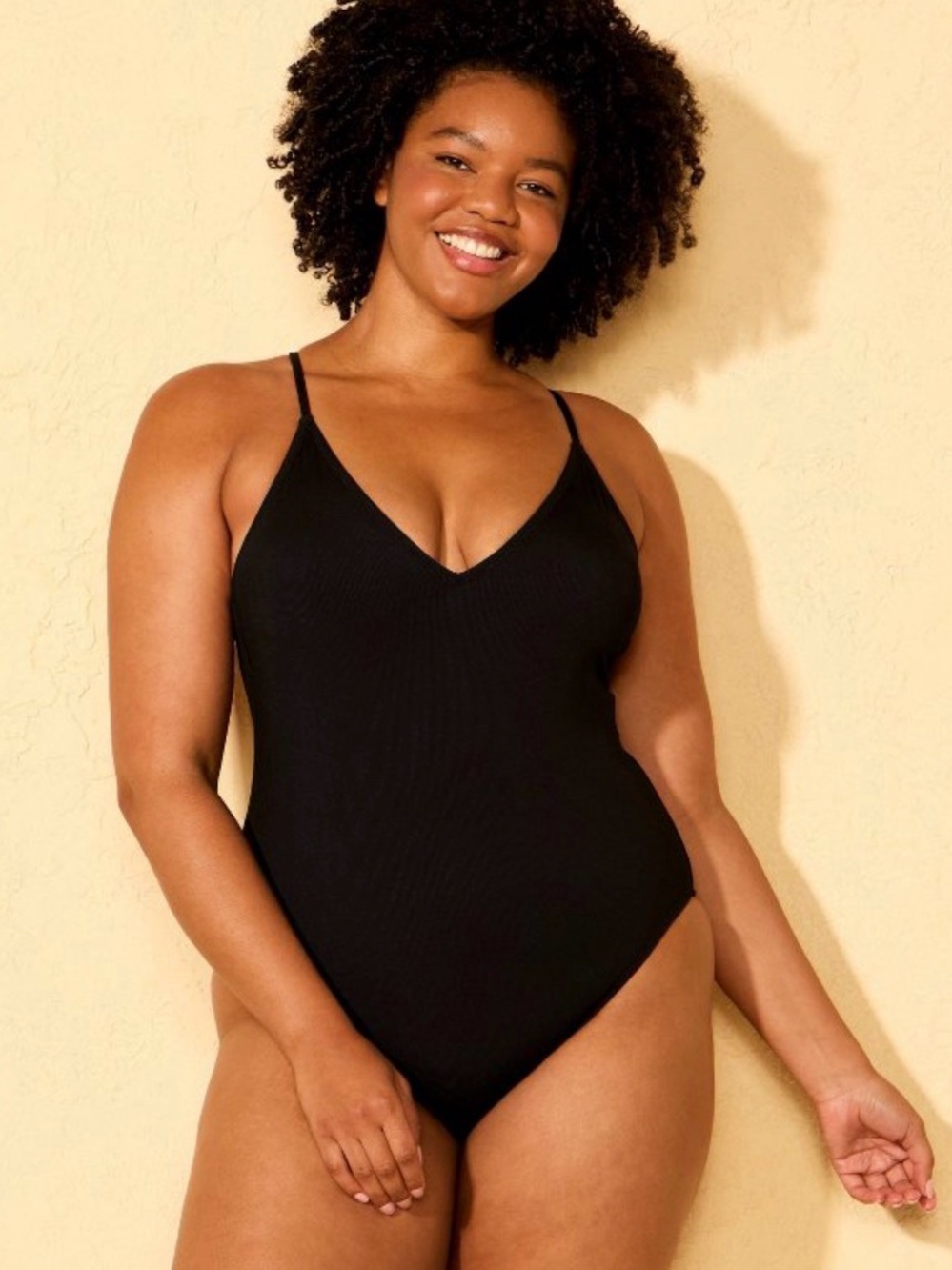 Shade & Shore Black V-Neck Ribbed One-Piece Swimsuit New Without Tags
